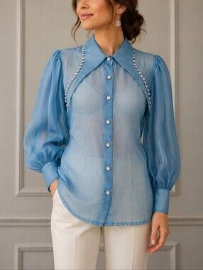 WOWO Icy Blue Long Rhinestone Collar Puff Sleeve Sheer Women's Top